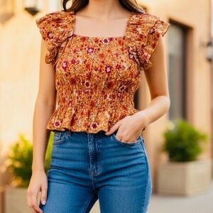 Floral Ruffle Sleeve Blouse in Orange